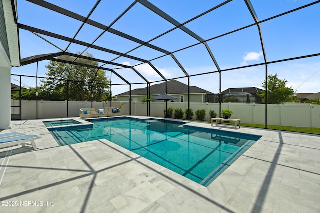 147 Rawlings Dr, Saint Johns, FL 32259 - view of pool with a patio area, a pool with connected hot tub, a fenced backyard, and an outdoor hangout area