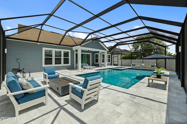 147 Rawlings Dr, Saint Johns, FL 32259 - view of pool with an outdoor living space with a fire pit, an in-ground hot tub, a patio, ceiling fan, and a lanai