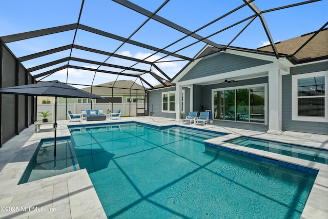 147 Rawlings Dr, Saint Johns, FL 32259 - view of pool with an outdoor living space, a patio area, a ceiling fan, and glass enclosure