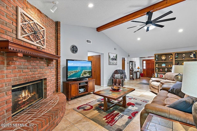 2282 Osceola Forest Ct, Fruit Cove, FL 32259 - living area featuring ceiling fan, a fireplace, light tile patterned flooring, a textured ceiling, and recessed lighting