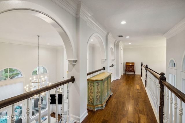 105 Teal Nest Ct, Ponte Vedra Beach, FL 32082 - hall featuring an upstairs landing, a chandelier, wood finished floors, recessed lighting, and crown molding