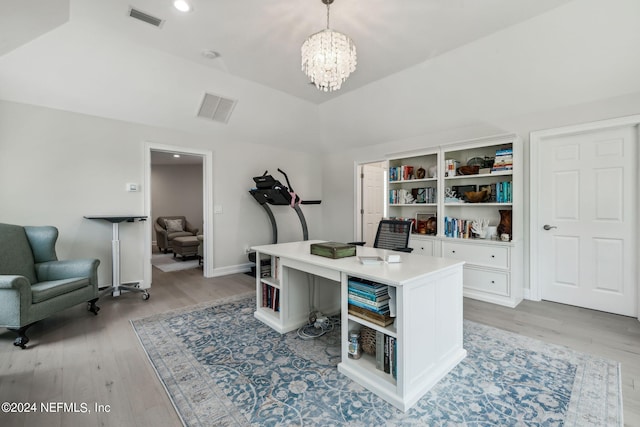 105 Teal Nest Ct, Ponte Vedra Beach, FL 32082 - office with light wood-type flooring, a chandelier, vaulted ceiling, and recessed lighting