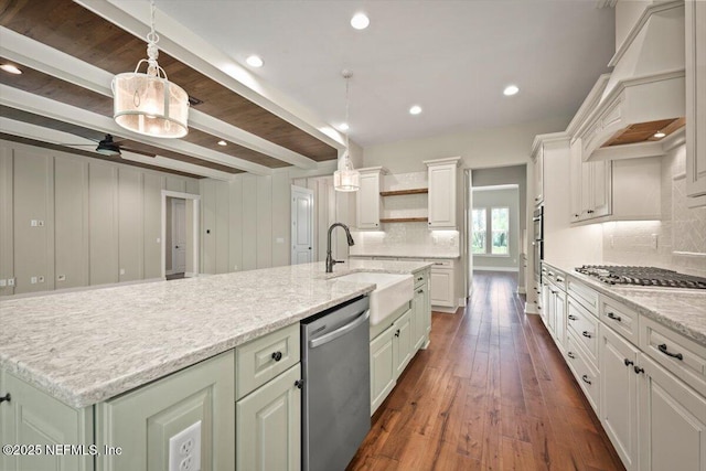 305 Seahill Dr, Saint Augustine, FL 32092 - kitchen featuring appliances with stainless steel finishes, open shelves, custom range hood, backsplash, and beamed ceiling