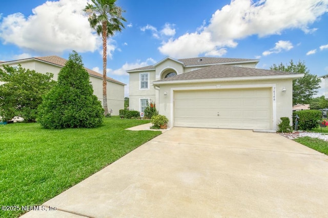 76146 Long Leaf Loop, Yulee, FL 32097 - traditional-style house with stucco siding, driveway, a front yard, an attached garage, and a shingled roof
