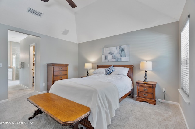 253 Bell Branch Ln, Saint Johns, FL 32259 - carpeted bedroom with high vaulted ceiling, ensuite bathroom, and a ceiling fan