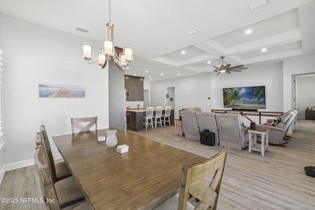50 Tartan Ct, Saint Augustine, FL 32092 - dining space with light wood-style floors, a chandelier, a ceiling fan, coffered ceiling, and beamed ceiling