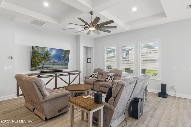 50 Tartan Ct, Saint Augustine, FL 32092 - living room with coffered ceiling, light wood finished floors, healthy amount of natural light, a ceiling fan, and recessed lighting