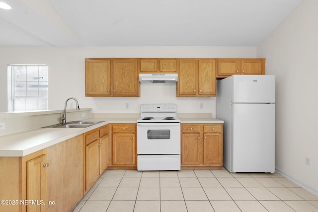 9209 Jefferson Ave, Jacksonville, FL 32208 - kitchen featuring white appliances, under cabinet range hood, a peninsula, and light countertops