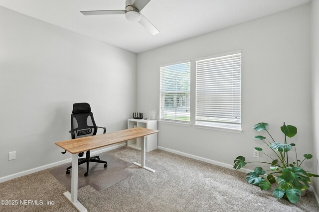 12191 Wynnfield Lakes Cir, Jacksonville, FL 32246 - carpeted home office featuring a ceiling fan and baseboards