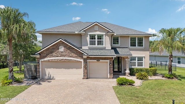 738 W Kings College Dr, Fruit Cove, FL 32259 - view of front of house featuring stucco siding, decorative driveway, a shingled roof, stone siding, and a garage