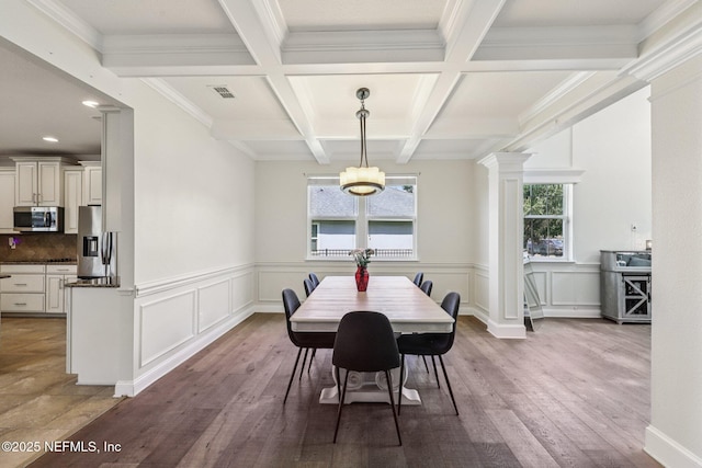 738 W Kings College Dr, Fruit Cove, FL 32259 - dining room with beamed ceiling, a chandelier, wood finished floors, coffered ceiling, and recessed lighting