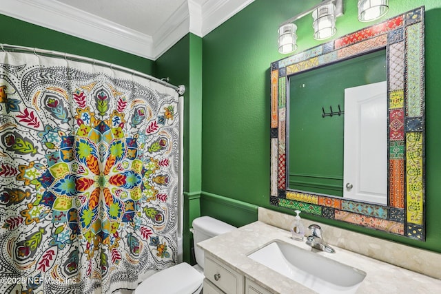738 W Kings College Dr, Fruit Cove, FL 32259 - bathroom with crown molding, vanity, and a shower with shower curtain