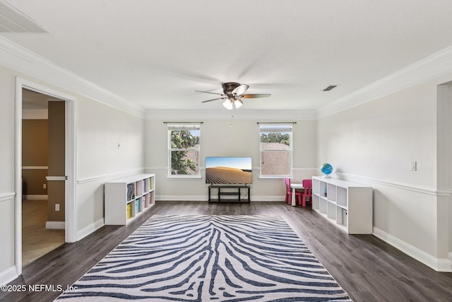 738 W Kings College Dr, Fruit Cove, FL 32259 - sitting room featuring a ceiling fan, dark wood-style floors, and ornamental molding