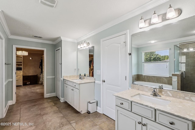 738 W Kings College Dr, Fruit Cove, FL 32259 - full bath featuring two vanities, a walk in closet, a stall shower, a bath, and ornamental molding
