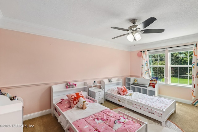 738 W Kings College Dr, Fruit Cove, FL 32259 - carpeted bedroom featuring crown molding, a textured ceiling, and a ceiling fan