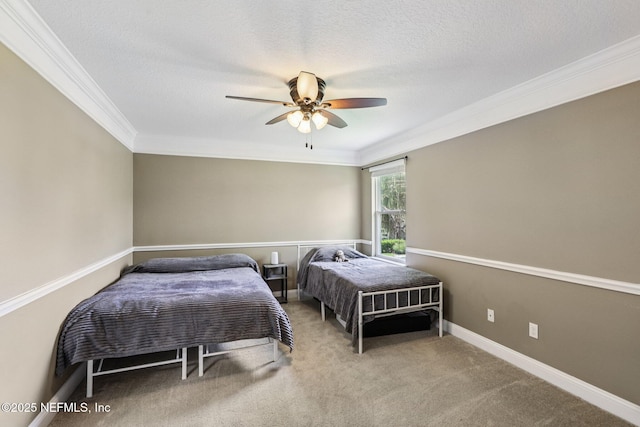 738 W Kings College Dr, Fruit Cove, FL 32259 - bedroom with ornamental molding, ceiling fan, carpet floors, and a textured ceiling