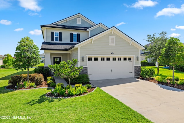 111 Beam Ln, Saint Augustine, FL 32095 - craftsman-style home with concrete driveway, a front yard, stone siding, and an attached garage