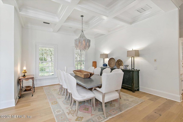 24736 Harbour View Dr, Ponte Vedra Beach, FL 32082 - dining space featuring a chandelier, light wood-style floors, beam ceiling, coffered ceiling, and crown molding