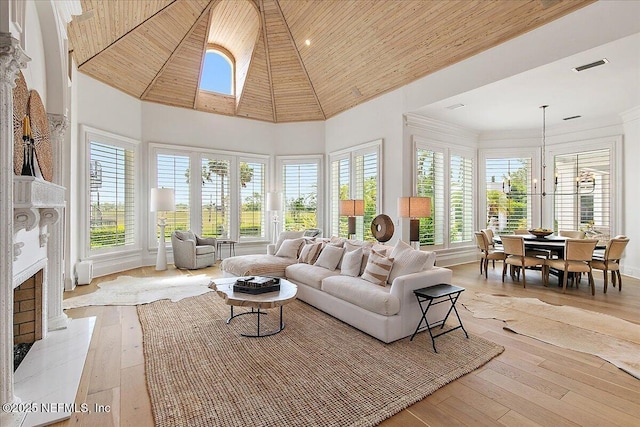 24736 Harbour View Dr, Ponte Vedra Beach, FL 32082 - living area with a high end fireplace, high vaulted ceiling, wooden ceiling, light wood-style floors, and a chandelier