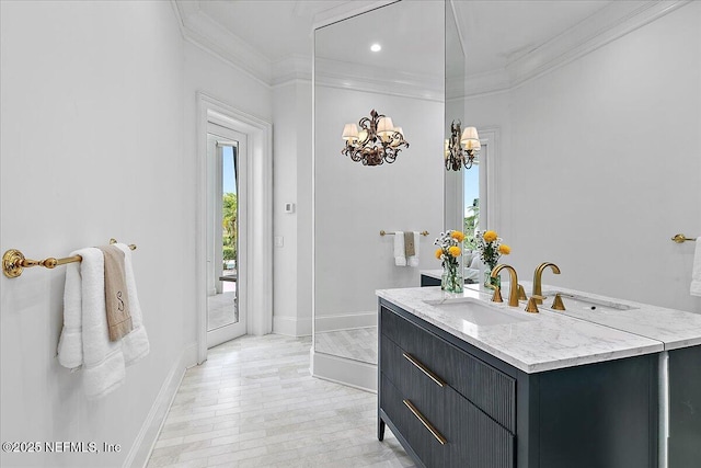 24736 Harbour View Dr, Ponte Vedra Beach, FL 32082 - bathroom with crown molding, vanity, a chandelier, and recessed lighting