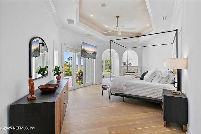 24736 Harbour View Dr, Ponte Vedra Beach, FL 32082 - bedroom with access to outside, crown molding, light wood finished floors, arched walkways, and recessed lighting