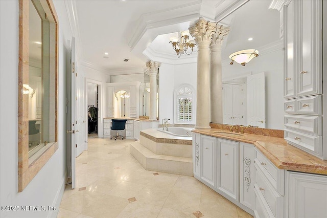 24736 Harbour View Dr, Ponte Vedra Beach, FL 32082 - full bath featuring ornamental molding, a garden tub, vanity, ornate columns, and recessed lighting