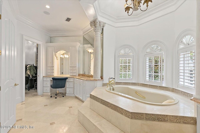 24736 Harbour View Dr, Ponte Vedra Beach, FL 32082 - full bathroom with vanity, a bath, ornamental molding, and tile patterned floors