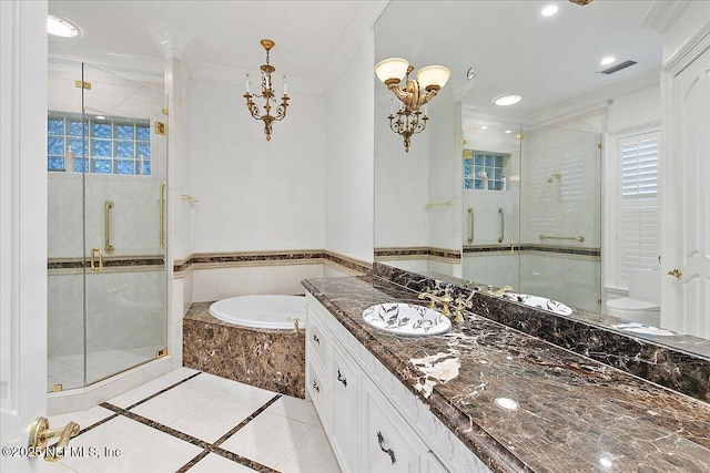 24736 Harbour View Dr, Ponte Vedra Beach, FL 32082 - bathroom featuring ornamental molding, a bath, a shower stall, tile patterned flooring, and vanity