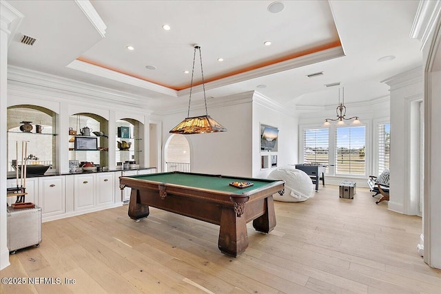 24736 Harbour View Dr, Ponte Vedra Beach, FL 32082 - playroom featuring a raised ceiling, billiards, light wood-style flooring, crown molding, and recessed lighting