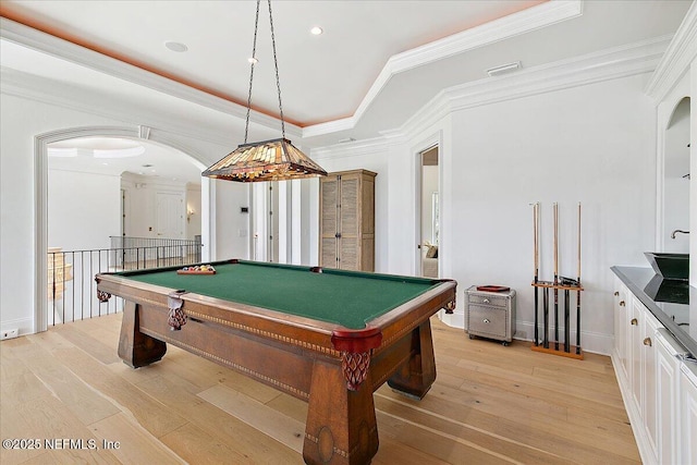 24736 Harbour View Dr, Ponte Vedra Beach, FL 32082 - game room featuring light wood finished floors, arched walkways, pool table, ornamental molding, and recessed lighting