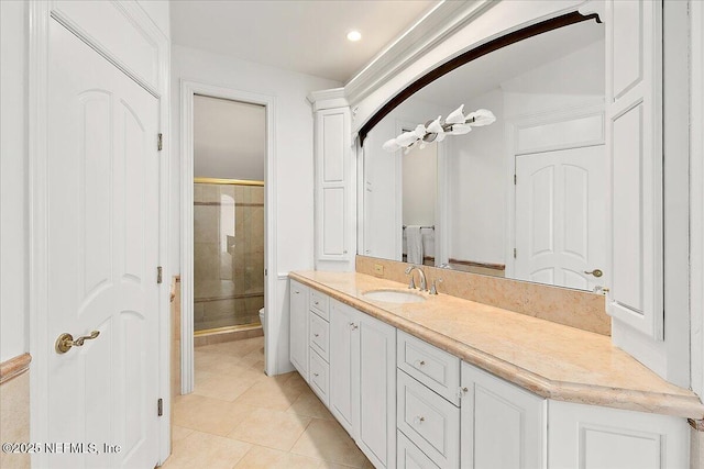 24736 Harbour View Dr, Ponte Vedra Beach, FL 32082 - bathroom featuring a shower stall, vanity, tile patterned floors, and recessed lighting