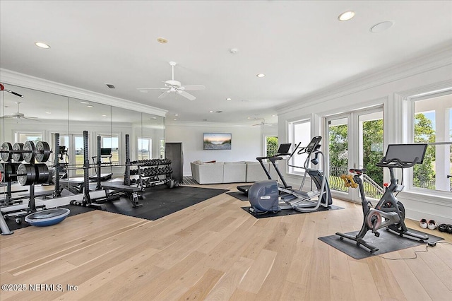 24736 Harbour View Dr, Ponte Vedra Beach, FL 32082 - exercise room featuring a ceiling fan, hardwood / wood-style floors, ornamental molding, healthy amount of natural light, and recessed lighting