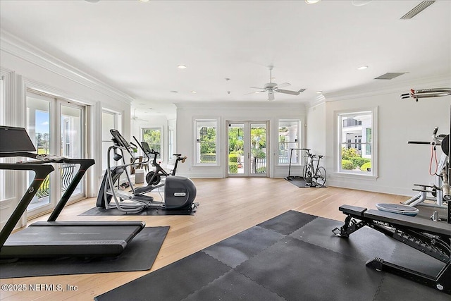 24736 Harbour View Dr, Ponte Vedra Beach, FL 32082 - exercise room featuring ornamental molding, ceiling fan, light wood-style flooring, recessed lighting, and french doors
