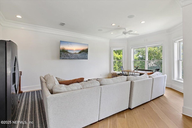 24736 Harbour View Dr, Ponte Vedra Beach, FL 32082 - living area featuring ornamental molding, wood finished floors, recessed lighting, and a ceiling fan