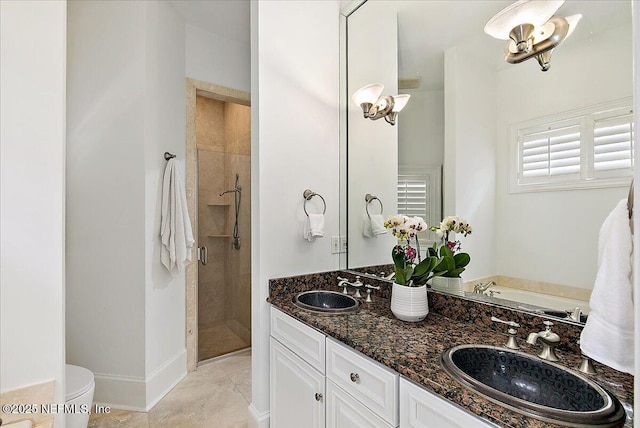 24736 Harbour View Dr, Ponte Vedra Beach, FL 32082 - bathroom featuring a stall shower, double vanity, a bath, and tile patterned floors