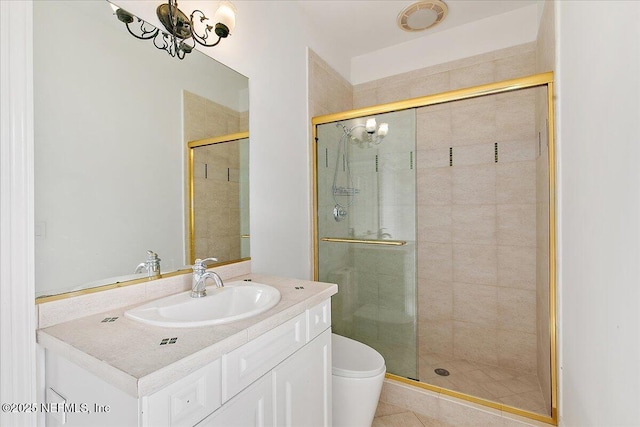 24736 Harbour View Dr, Ponte Vedra Beach, FL 32082 - full bathroom featuring a stall shower, vanity, a chandelier, and tile patterned floors