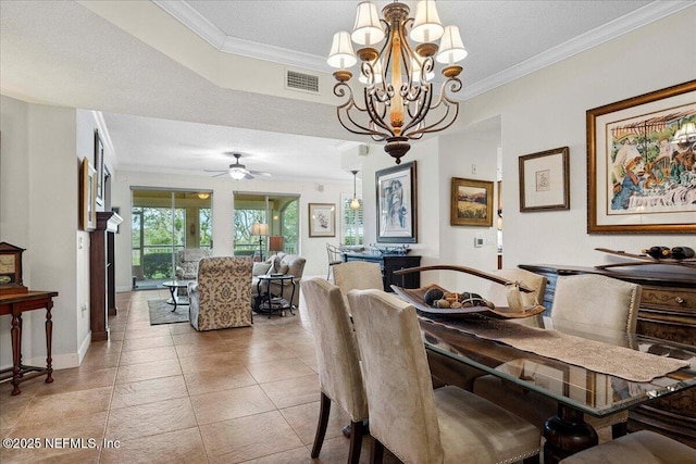201 S Ocean Grande Dr Unit 104, Ponte Vedra Beach, FL 32082 - dining space featuring ornamental molding, a chandelier, light tile patterned floors, and ceiling fan