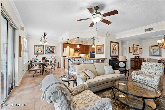 201 S Ocean Grande Dr Unit 104, Ponte Vedra Beach, FL 32082 - living room with a chandelier, ornamental molding, a ceiling fan, and a textured ceiling
