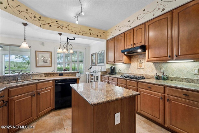 201 S Ocean Grande Dr Unit 104, Ponte Vedra Beach, FL 32082 - kitchen with black dishwasher, under cabinet range hood, light stone counters, brown cabinets, and ornamental molding