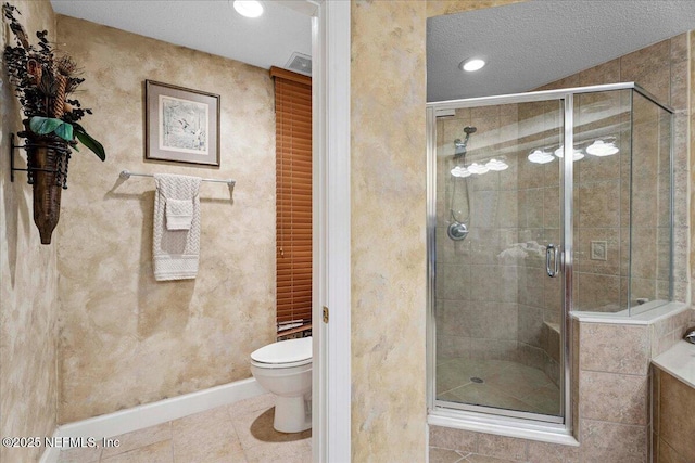 201 S Ocean Grande Dr Unit 104, Ponte Vedra Beach, FL 32082 - bathroom with a stall shower, tile patterned floors, recessed lighting, and a textured ceiling