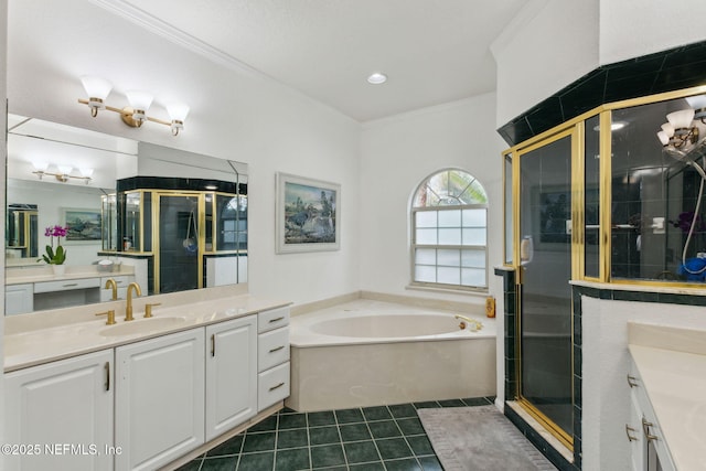 2205 Ashley Ct, Fernandina Beach, FL 32034 - bathroom with a shower stall, a garden tub, vanity, tile patterned floors, and ornamental molding