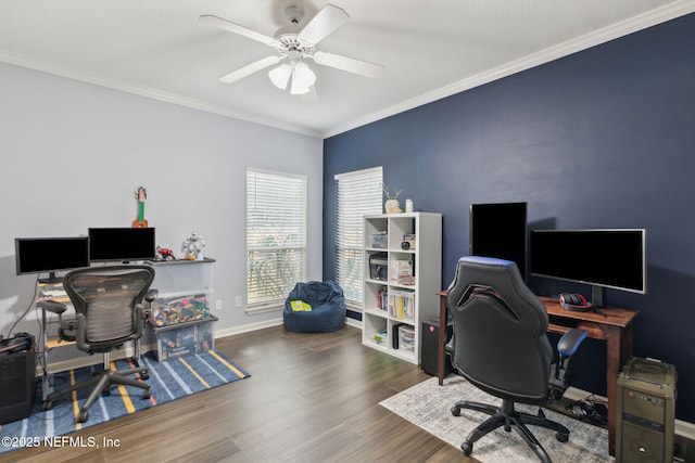 2205 Ashley Ct, Fernandina Beach, FL 32034 - office featuring wood finished floors, ornamental molding, and a ceiling fan