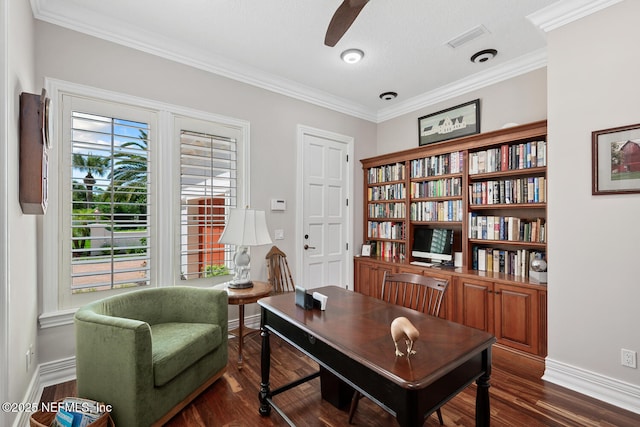 23 Corona Rd, Ponte Vedra Beach, FL 32082 - office with a ceiling fan, dark wood-style flooring, and crown molding