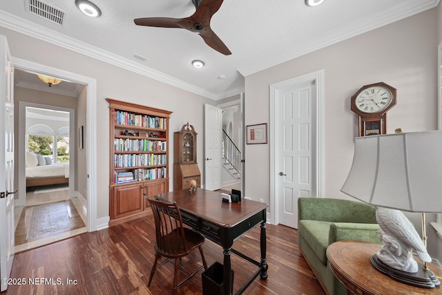 23 Corona Rd, Ponte Vedra Beach, FL 32082 - office area with dark wood-type flooring, ceiling fan, ornamental molding, and recessed lighting