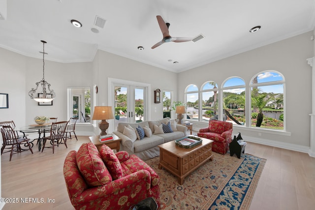 23 Corona Rd, Ponte Vedra Beach, FL 32082 - living area featuring ceiling fan, light wood-style floors, french doors, crown molding, and recessed lighting