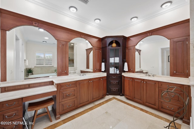 23 Corona Rd, Ponte Vedra Beach, FL 32082 - bathroom featuring ornamental molding, two vanities, inlaid floor details, and a garden tub
