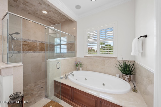 23 Corona Rd, Ponte Vedra Beach, FL 32082 - full bath featuring a tub with jets, crown molding, and a shower stall