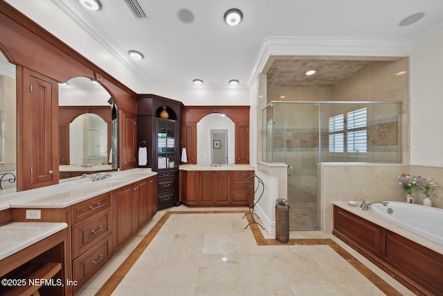 23 Corona Rd, Ponte Vedra Beach, FL 32082 - full bath featuring a shower stall, crown molding, a garden tub, two vanities, and inlaid floor details