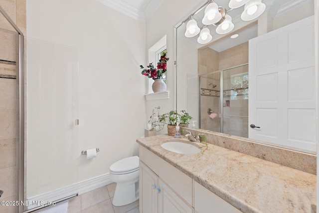 23 Corona Rd, Ponte Vedra Beach, FL 32082 - bathroom featuring ornamental molding, a stall shower, vanity, tile patterned flooring, and plenty of natural light
