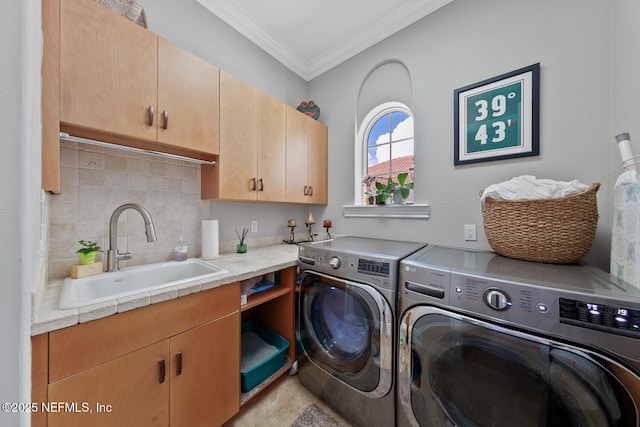 23 Corona Rd, Ponte Vedra Beach, FL 32082 - laundry area featuring washer and dryer, cabinet space, and ornamental molding